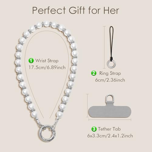 SURPHY Phone Charm, Handmade Beaded Phone Wrist Strap with Tether Tab - color: A- Pearl Silver