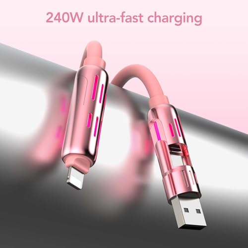 MFish 240W 4-in-1 Fast Charging Cable, Pink, 10FT - color: Pink, size: 10FT