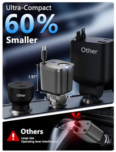 4 in 1 Retractable Car Charger, 145W USB C Cigarette Lighter Adapter