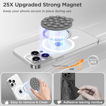 Magnetic Suction Cup Phone Mount with MagSafe, Silicone Hands-Free Grip Holder for iPhone Case and Android, Mirror Shower Phone Stand for Makeup FaceTime Gym Kitchen Bathroom, Gray - color: Gray