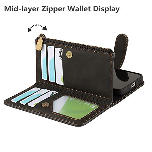 iCoverCase for iPhone 12 Mini Wallet Case with Card Holder and Wrist Strap, PU Leather Kickstand Card Slots Zipper Pocket Magnetic [Detachable] Flip Cover Case 5.4 Inch (Black) - color: Black