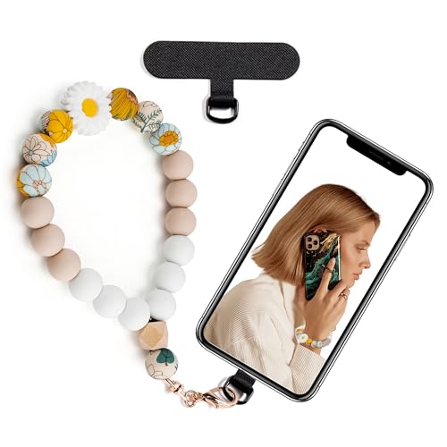 Silicone Beaded Phone Wrist Strap for Women, Elastic Wristlet - color: White Daisy