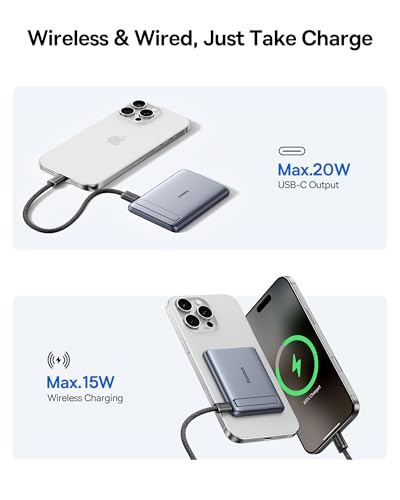 Baseus Picogo Power Bank, Smallest Qi2 Certified 15W MagSafe Portable Charger, 0.5" Ultra Slim 5000mAh Magnetic Battery Pack with Stand, Alloy Wireless Charger for iPhone 17 Pro Max/17 Air/17e Series - color: Grey
