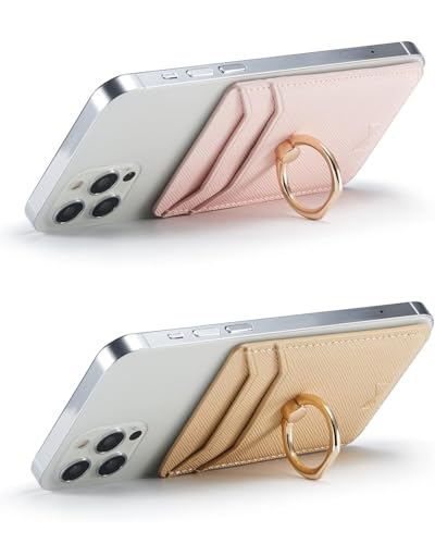 Card Holder for Phone Case 2Pc, RFID Leather Phone Wallet with Ring | Phone Wallet Stick On Back Of Phone Case.Credit Card/ID/Pocket Phone Card Holder for iPhone Andriod. Viewing Freely - color: Gold+Pink