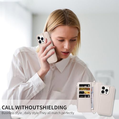 for iPhone 16 2-in-1 Magnetic Crossbody Wallet Case + Wrist Strap | Wireless Charging After Wallet Removal, Detachable Crossbody/Wrist Straps, Landscape Stand, Card Holder and Zipper Pocket - color: Cream apricot, size: iPhone 16