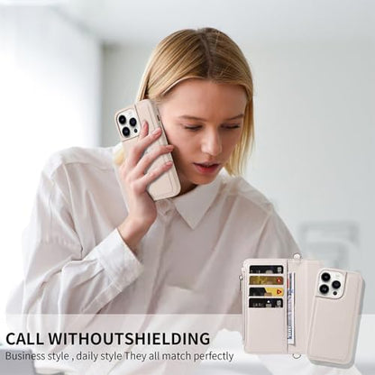 for iPhone 16 2-in-1 Magnetic Crossbody Wallet Case + Wrist Strap | Wireless Charging After Wallet Removal, Detachable Crossbody/Wrist Straps, Landscape Stand, Card Holder and Zipper Pocket - color: Cream apricot, size: iPhone 16