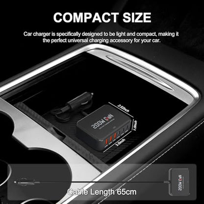 Dzytnsy 200W Car Fast Charging Station,6 Ports, Compatible with MacBook pro/Air/M5 M4 M3 M2 M1/Dell/Lenovo/HP,for iPhone18/17/16/15 Series,Samsung Galaxy S26/S25 Ultra/S24 Series and More