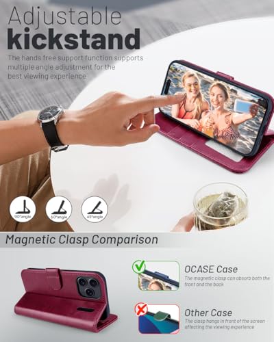 OCASE Compatible with iPhone 17 Pro Wallet Case, PU Leather Flip Folio Case with Card Holders RFID Blocking Kickstand [Shockproof TPU Inner Shell] Phone Cover 6.3 Inch 2025, Burgundy - color: Burgundy