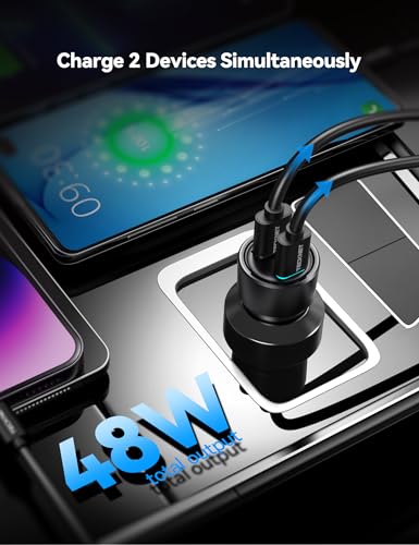 TECKNET USB Car Charger[2Pack], 48W 2-Port Cigarette Lighter Fast Chargering, PD&QC3.0 USBC Car Charger Adapter Compatible with iPhone 17/16/15/14 Pro Max/Plus Galaxy