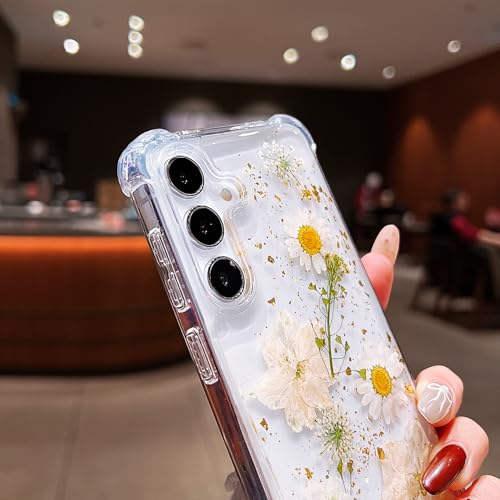 Compatible with Samsung Galaxy S25 Plus Case Cute Pressed Dried Real Flowers Women Girly Shockproof Glitter Floral Clear Phone Cover S25+ (White Flower) - color: White Flower, size: Samsung S25 Plus