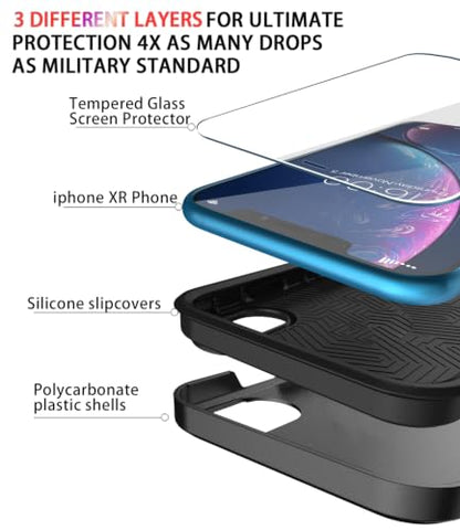 Diverbox for iPhone XR Case [Tempered Glass Screen Protector] [Shockproof] [Dropproof] Heavy Duty Protection Phone Case Cover for Apple iPhone XR (Black) - color: Black-2in1