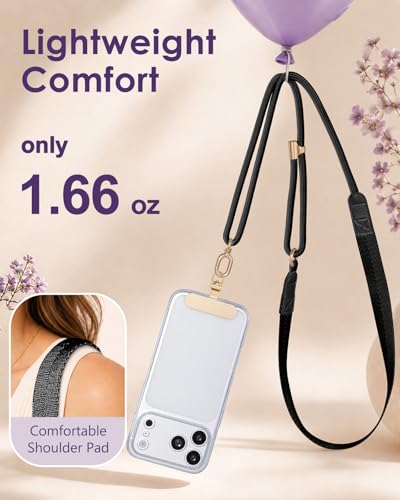 Swooflia Cell Phone Crossbody Lanyard for Women - Adjustable, Lightweight Strap with Tether Tabs for Travel Hiking Hands-Free - color: Wide Shoulder Black