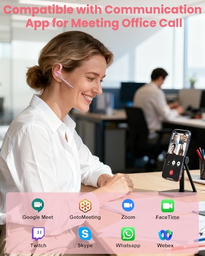New Bee Bluetooth Headset V5.1 72H Talk Time Dual Mic with Mute Button for Business, Wireless Hand-Free Bluetooth Earpiece with 500mAh Charging Case for Cell Phone Calls Trucker Driver Laptop - color: Pink
