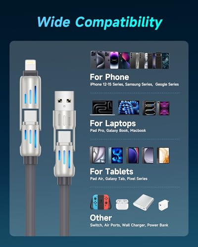 RAVIAD 240W 4 in 1 Charging Cable 4FT, Chubby USB A/C to C/L Multi Charger Cable with RGB LED Light Compatible with iPhone 16 15 14 Pro Max/Plus/Samsung USB C to C Multi Charging Cable for All Devices