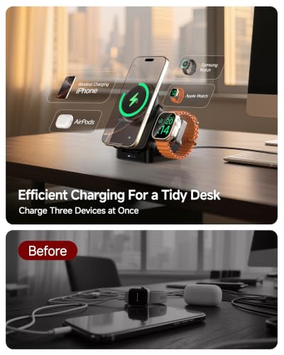 ZEEHOO 3-in-1 Charging Station for Apple, Foldable Mag-Safe Charger, 15W Wireless Charger for iPhone 17/16/15/14/13/12 Series, Apple Watch, AirPods(30W Adapter Included) (Black) - color: Black