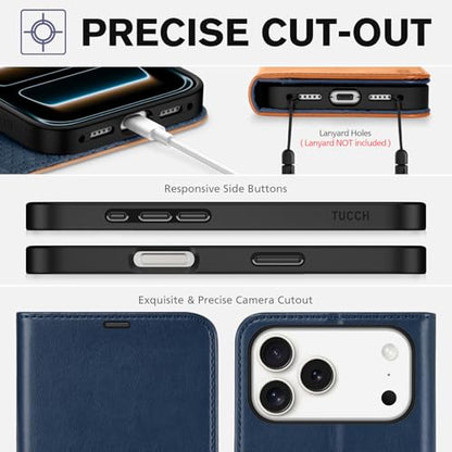 TUCCH Wallet Case for iPhone 17 Pro Max 6.9", 4 Card Holders, Blue & Brown | RFID Blocking, Viewing Stand, Shockproof TPU Shell, PU Leather, Magnetic Closure, Protective Folio Flip Cover - color: Two-tone Blue & Brown
