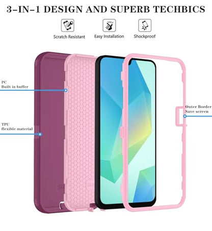 Qinmay Phone Case for Samsung Galaxy A17 5G Case, Galaxy A16 5G Case with HD Screen Protector, Heavy Duty Shockproof 3-Layer Cover Phone Case for Galaxy A17 / A16 ，WineRedPink - color: WineRedPink
