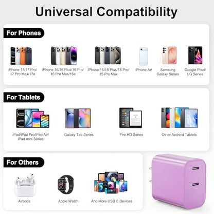 iPhone 18 17 16 15 Charger Fast Charging, 20W Dual Port USB C Charger Block - color: Purple