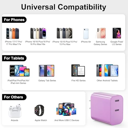 iPhone 18 17 16 15 Charger Fast Charging, 20W Dual Port USB C Charger Block - color: Purple
