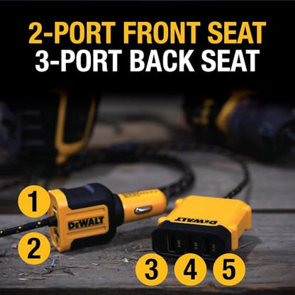 DEWALT Heavy Duty 72W 5 Port USB Car Charger Multiport, iPhone 17 Multi USB