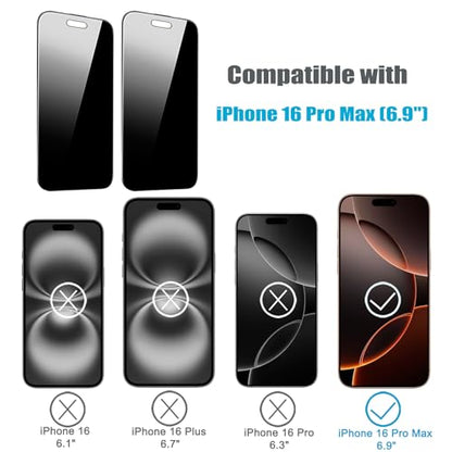 2 Pack 4 Way 360 Degree Privacy Screen Protector for iPhone 16 Pro Max 6.9 Inches, 4 Directions Horizontal and Vertical All Around Anti Spy Tempered Glass Film, Face ID Sensitive - size: for iPhone 16 Pro Max 6.9"