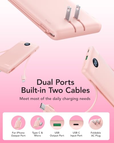 VRURC 22.5W Portable Charger 10000mAh Fast Charging with Built-in AC Plug - color: Pink