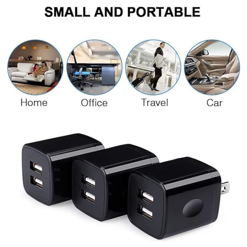Black USB Wall Adapter, Charging Block, Dual Port 2.1A Fast Wall Charger