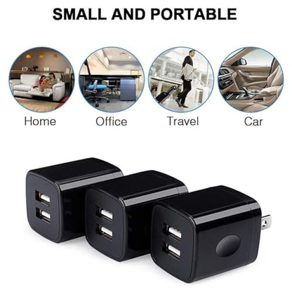 Black USB Wall Adapter, Charging Block, Dual Port 2.1A Fast Wall Charger