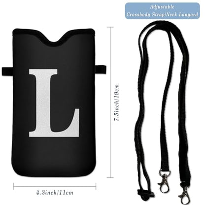 Men Women Universal Neoprene Cell Phone Pouch Sleeve 7.5 X 4.3 in Smart Mobile Protection Case Bag with Crossbody Strap/Neck Lanyard Privacy Case Covers Letter L