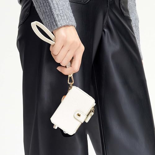 M-Plateau RFID Blocking Keychain Wallet With Leather Wrist Strap | Keychain Wristlet, Womens Card Holder with Zipper Coin Pocket and ID Window - color: White