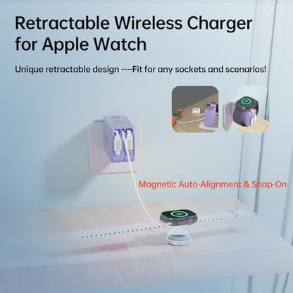 Retractable Apple Watch Charger, 5 in 1 Wall Charger with 3 Retractable Cables for Older iPhones & USB-C Devices, 35W Foldable Charger Block for iPhone 17/16/15/14, iPad, AirPods (Purple) - color: Purple