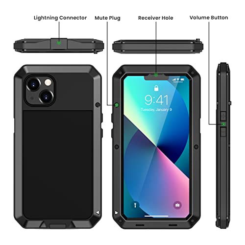 Lanhiem for iPhone 13 Metal Case, Heavy Duty Shockproof Tough Rugged Case with Built-in Glass Screen Protector, 360 Full Body Protective Cover for iPhone 13 6.1 inch, Black - color: Black