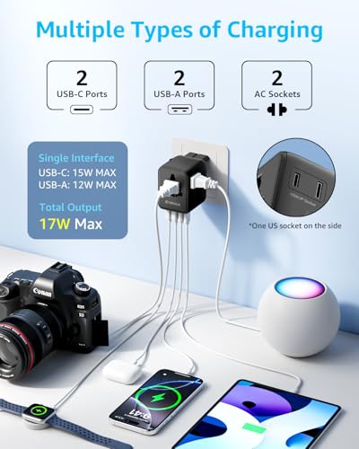 “Pro” Universal Travel Adapter 2 USB-C＆ 2 USB-A Cover 200+ Countries - color: Black, size: 2C+2A 17W