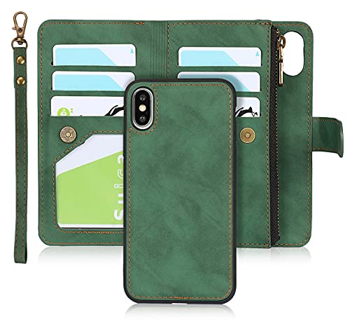 iCoverCase for iPhone X/XS Wallet Case with Card Holder and Wrist Strap, PU Leather Kickstand Card Slots Zipper Pocket Magnetic [Detachable] Flip Cover Case 5.8 Inch (Green) - color: Green