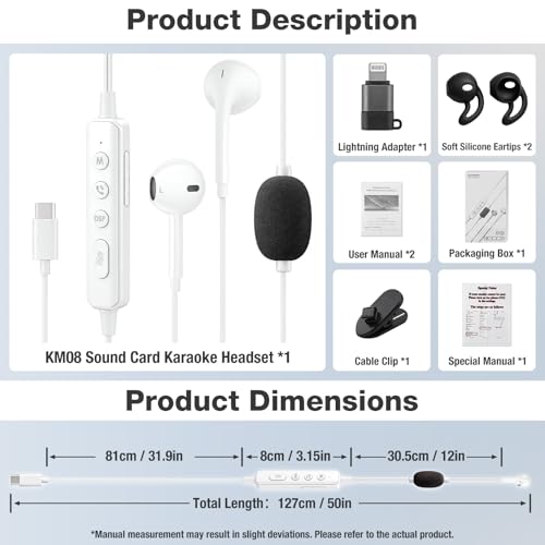 KM08 Live Streaming & Karaoke Headset with Mic, Voice Changer Sound Effects - color: Semi In-Ear (White)
