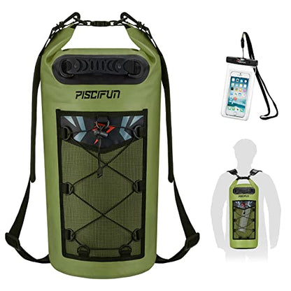 Piscifun Dry Bag, Waterproof Floating Backpack 10L/20L/30L/40L | Waterproof Phone Case, Adjustable shoulder straps, Roll-top closure keeps gear dry, Ideal for Boating, Kayaking, Fishing - color: Army Green, style: 30l