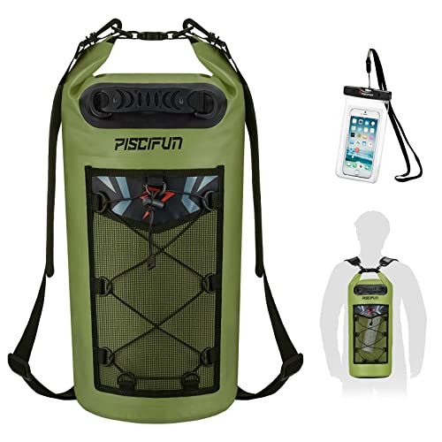 Piscifun Dry Bag, Waterproof Floating Backpack 10L/20L/30L/40L | Waterproof Phone Case, Adjustable shoulder straps, Roll-top closure keeps gear dry, Ideal for Boating, Kayaking, Fishing - color: Army Green, style: 30l