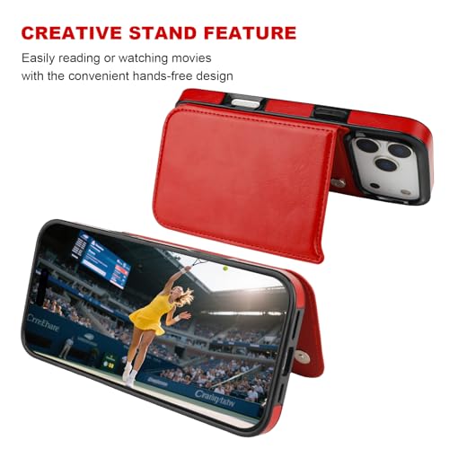 ONETOP for iPhone 17 Pro Max Wallet Case with Credit Card Holder,Red | Kickstand,ID/Cash Holder,Case Wallet with Card Slots,Double Magnetic Clasp,Durable PU Leather Shockproof Cover for Women Men - color: Red