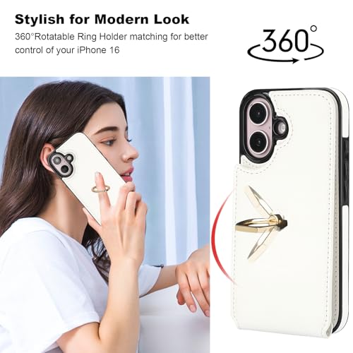 Folosu Compatible with iPhone 16 Case Wallet with Card Holder, 360°Rotation Finger Ring Holder Kickstand, RFID Blocking Leather Protective Double Buttons Shockproof Cover 6.1 Inch White - color: White