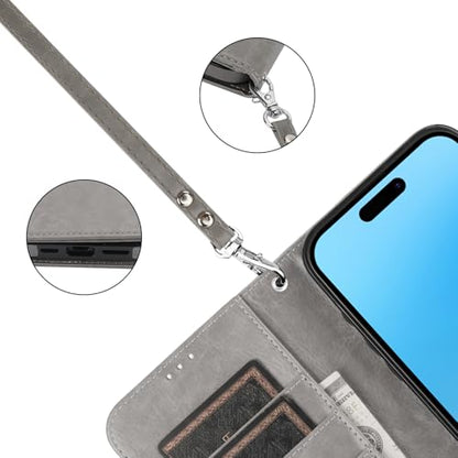 Bocasal Detachable Wallet Case Card Holder for iPhone 16 Pro Max Grey | RFID Blocking Kickstand Card Slots Holder PU Leather Magnetic Shockproof Wrist Strap Removable Flip Protective Cover 6.9 inch - color: Gray