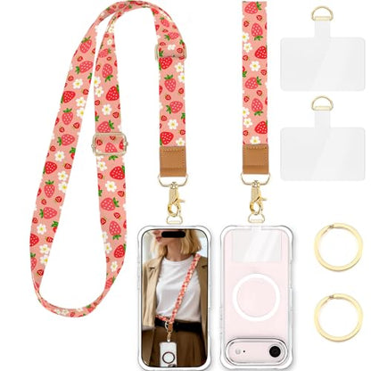 Phone Lanyard Crossbody Strap, Adjustable Neck Strap and Wristlet Strap for Phone Wallet ID Badge with 2 Phone Tabs - color: Strawberry Flower