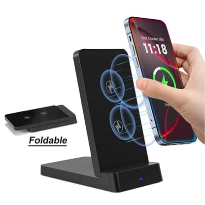 15W Fast Charging Station Double Coil Wireless Charger Foldable Phone Holder Stand for iPhone 17 16 15 14 13 Pro Max Samsung Xiaomi (Black)