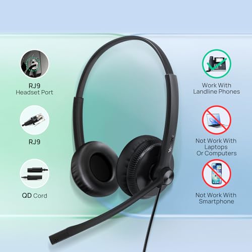 Yealink Phone Headsets for Office Phones YHS34 QD to RJ9 Wired Headset - color: leather Ear Cushions, size: Dual