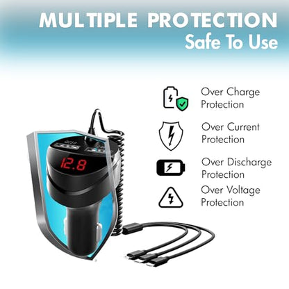 Retractable Car Charger 5 in 1 with Voltage Monitoring LED Display - 18W Car Phone Charger with Built-in Retractable Charging Cable Compatible with iPhone, Samsung & Android Phones