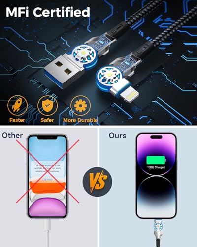 Dual 90 Degree Lightning Cable with 180° Rotating Head, 6ft Right Angle Nylon Braided iPhone Charger Cord for iPhone14/13/12/11/X/8/7/6/5/SE/Pod/Pad, MFi 180° Rotating Lightning Cable Fast Charge