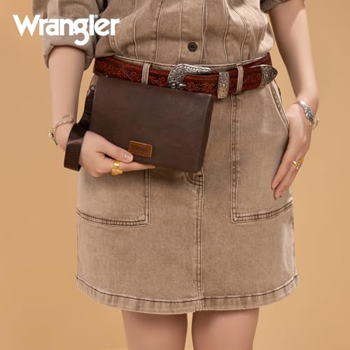 Wrangler Crossbody Wallet Wristlet Large Capacity Wallet Women RFID Blocking Bifold Large Long Clutch Credit Card Holder Purse with Crossbody Strap - color: B-coffee