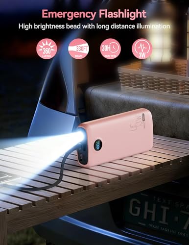 DIAMUAR Portable Charger 20000mAh 45W, Built in USB C Cable, 3W Flashlight - color: Pink