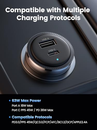 UGREEN 63W 2-Port USB C Car Charger, Type C Cigarette Lighter Adapter