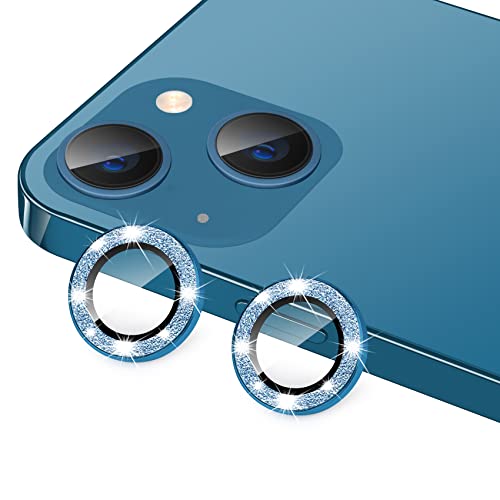 for iPhone 13 Mini & iPhone 13 Camera Lens Protector, Bling Glitter 9H Tempered Glass Camera Cover Anti Scratch Shockproof Screen Protector Individual Ring - 2Pcs Glitter Blue - color: Blue Glitter