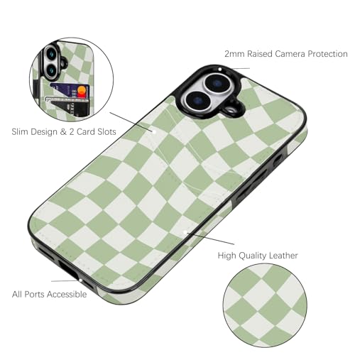 Compatible with iPhone 17 Case Soft Shockproof Card Holder | 2 Card Holder,Cute Green Checkerboard Cover 6.3 inch for Girls Women - color: Green Checkerboard, size: iPhone 17 6.3 inch